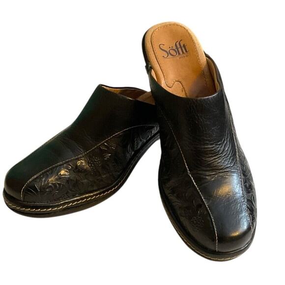 Sofft Mules Shoes 7M Black Leather Floral Embossed Heels Slip On Bicycle Toe - Picture 8 of 16